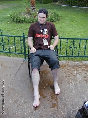 Adrenaline got thrown in the hottub and hit the ledge, he left a piece of his knee behind.