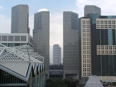 Straight ahead.  These building are supposed to look like a hand from space.  See the fingers, the thumb is further away and in