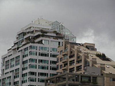 Apartment buildings.